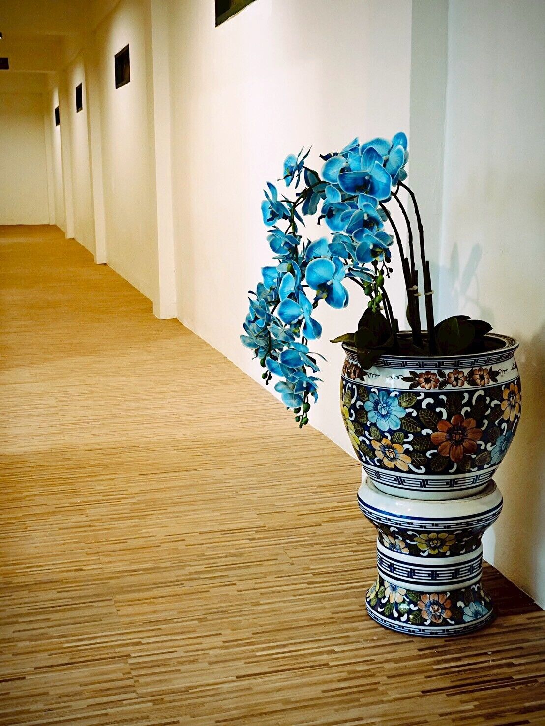 A hallway with a wooden floor and white walls.