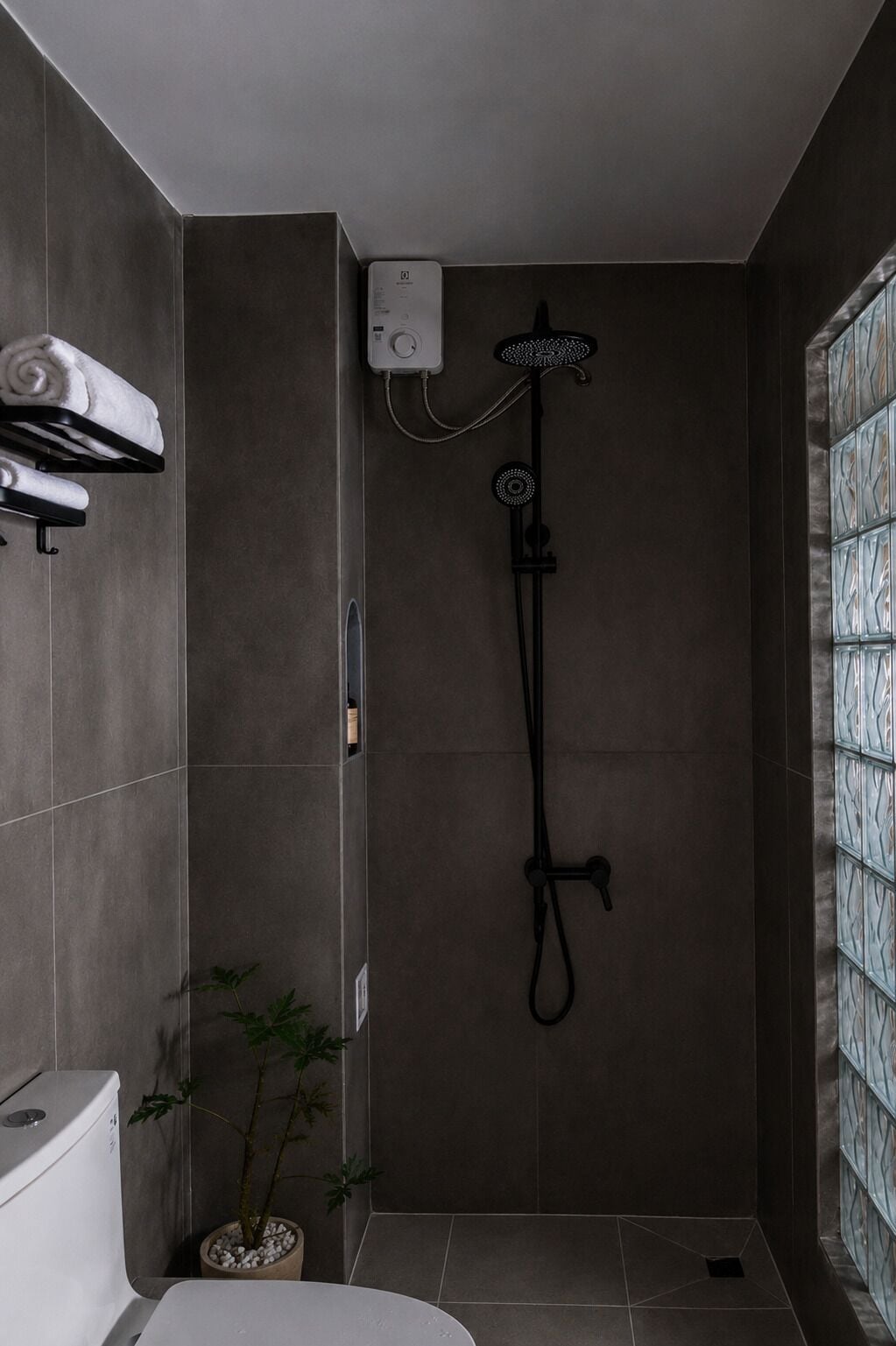 A modern bathroom with a shower, a towel rack, a toilet, and a potted plant.