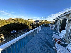 A wooden deck with white chairs and a pool. - KH101 - Immaculate - 4 bdrm, 2 bath, private pool, westside w/ sunrise views (Kitty Hawk)