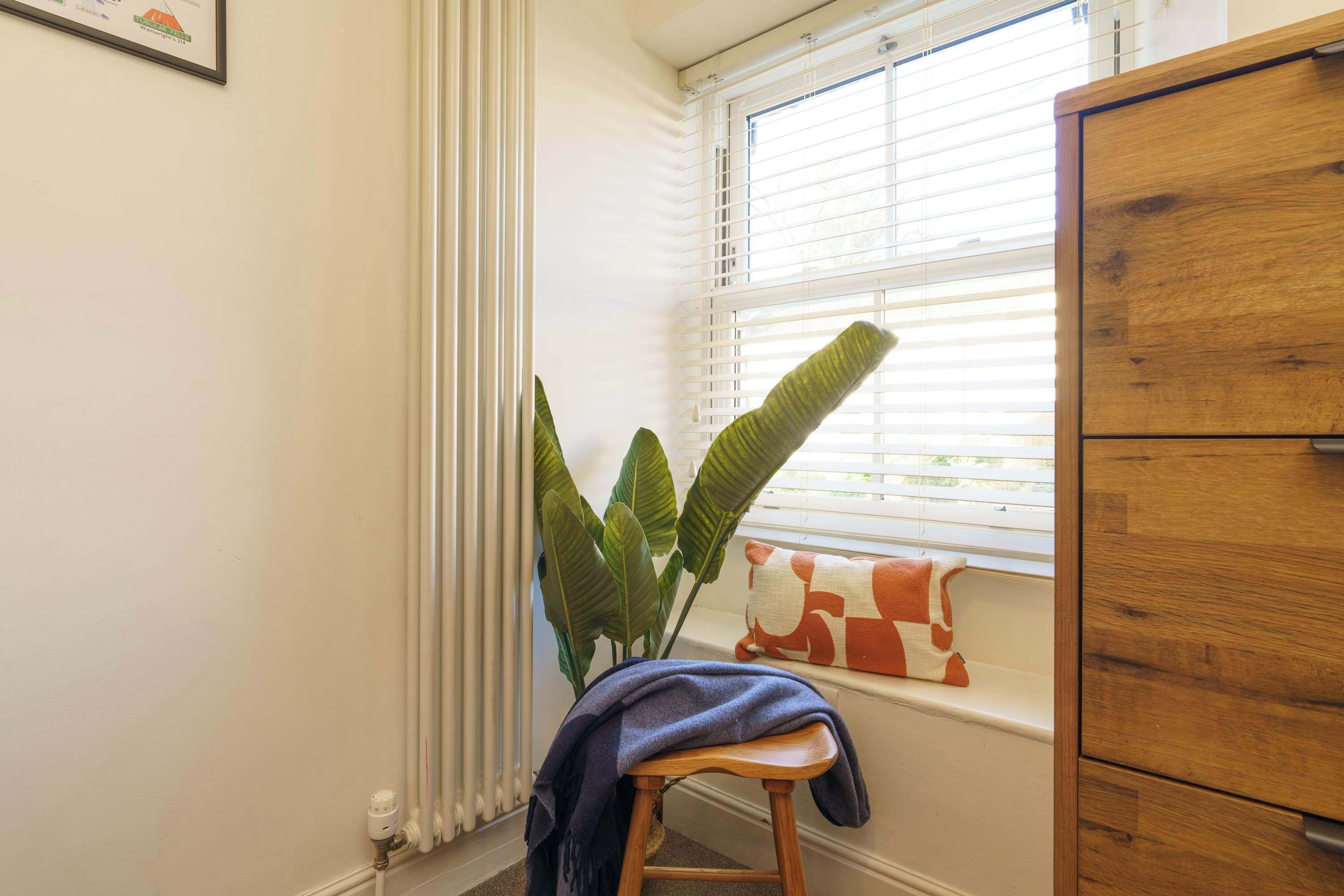 A corner of a room with a radiator, a window with blinds, a wooden cabinet, and a plant.