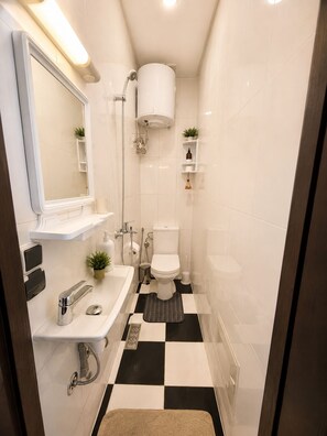 Ein kleines Badezimmer mit einem weißen Waschbecken, einem Spiegel, einer Toilette und einer Dusche. Auf den Regalen stehen Pflanzen und der Boden ist schwarz-weiß kariert.