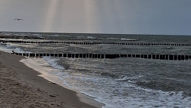 Een strand met golven, een steiger en een bewolkte lucht.