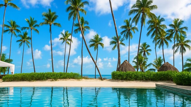 Vista de la piscina con palmeras, una playa y cielo despejado.