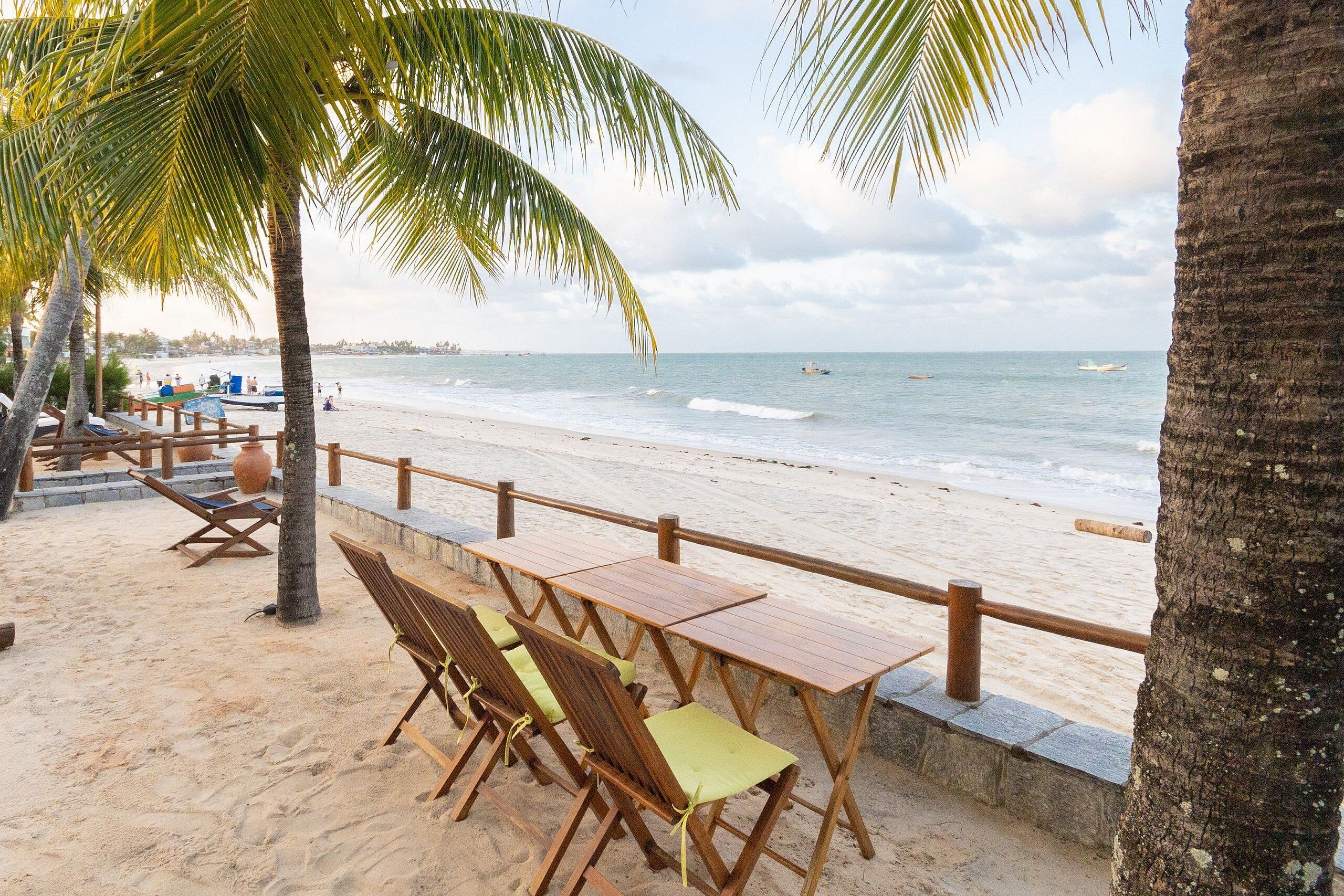 On the beach, sun loungers, beach umbrellas