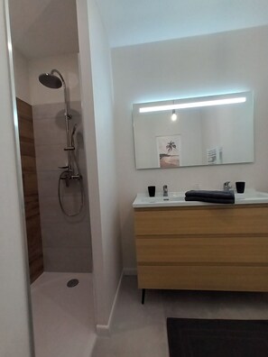 Dusche, Haartrockner, HandtĂŒcher, Toilettenpapier