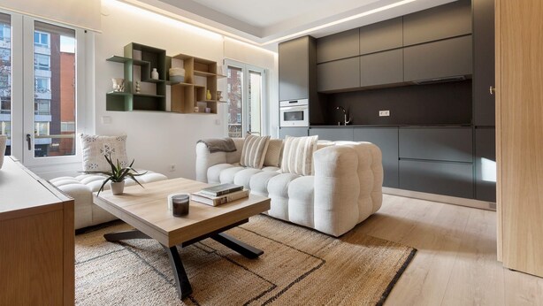 A modern living room with a sofa, a coffee table, and a bookshelf. - Genteel Home Concha Espina I (Madrid)