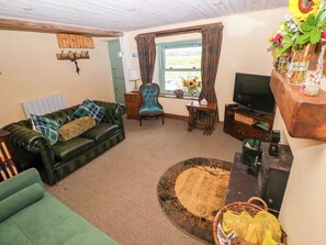 A living room with a green sofa, a blue armchair, a television, and a window with curtains. - 2 Strand Cottages (Carmarthen)