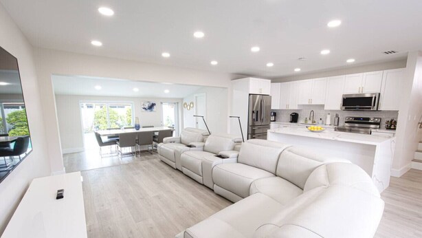 A modern kitchen with white cabinets, stainless steel appliances, and a central island.