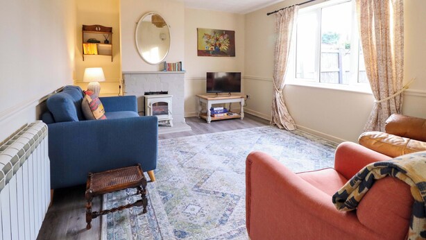 A living room with a blue sofa, a red sofa, a small wooden table, a television, a fireplace, and a large mirror. - 2 Horseshoe Road (Montgomery)