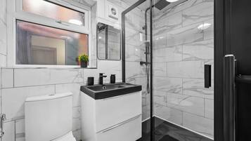 Shower, hair dryer, bidet, towels