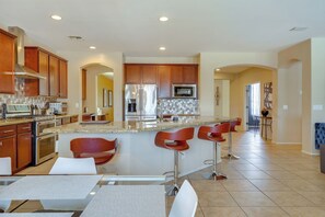 Fridge, microwave, dishwasher, coffee/tea maker - Outdoor Kitchen + Patio: Upscale Home Near Phoenix (Laveen Village)
