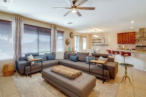 TV, fireplace - Outdoor Kitchen + Patio: Upscale Home Near Phoenix (Laveen Village)