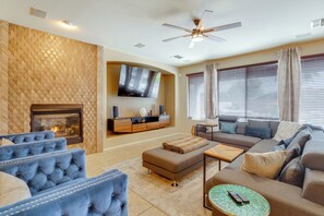 TV, fireplace - Outdoor Kitchen + Patio: Upscale Home Near Phoenix (Laveen Village)