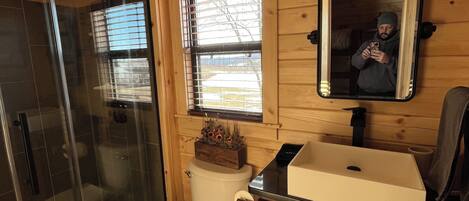 Un baño de cabaña de madera con mampara de vidrio, inodoro, lavamanos y espejo.