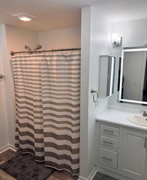 Sèche-cheveux, serviettes fournies, savon, papier toilette