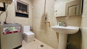 Secadora de cabello, toallas, jabón, papel de baño 