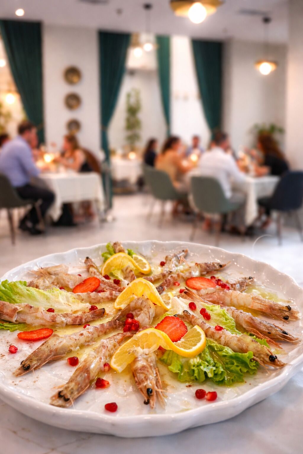 Un plato de mariscos con un fondo desenfocado de un comedor.