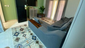 Uma sala de estar com um sofá cinza, um tapete estampado, uma televisão de tela plana e um armário.