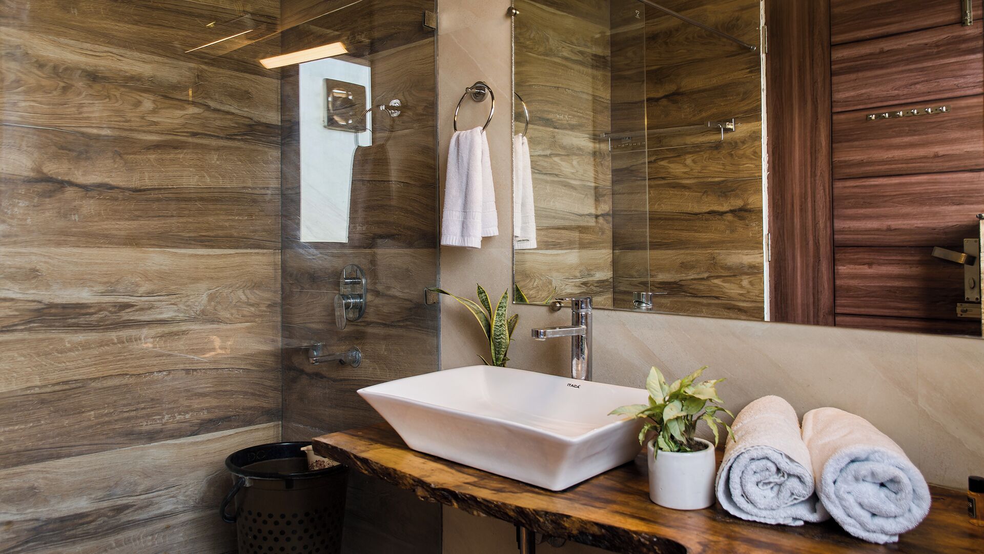 Shower, slippers, towels, soap