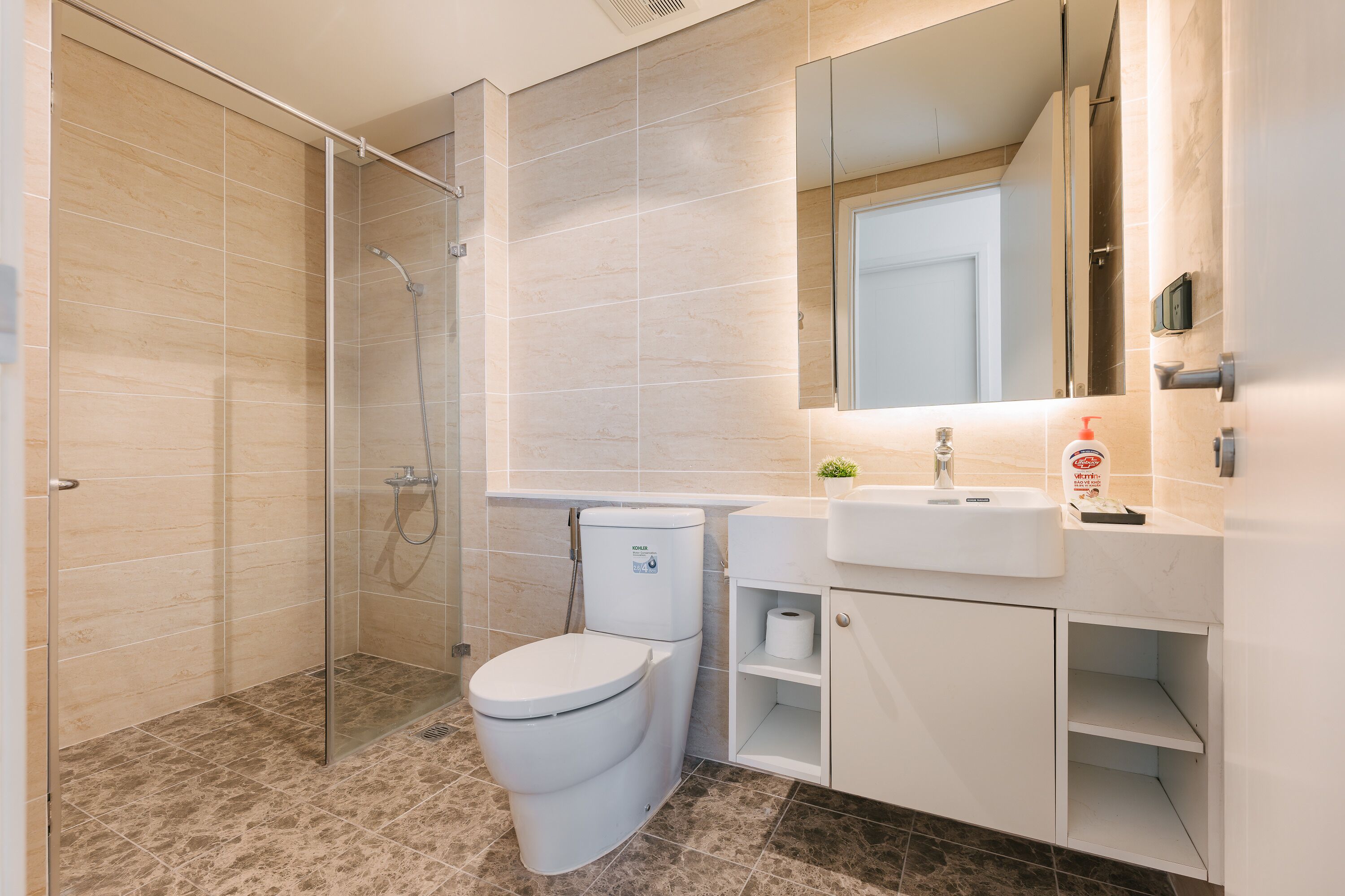 A modern bathroom with a glass-enclosed shower, a toilet, and a sink with a mirror above.