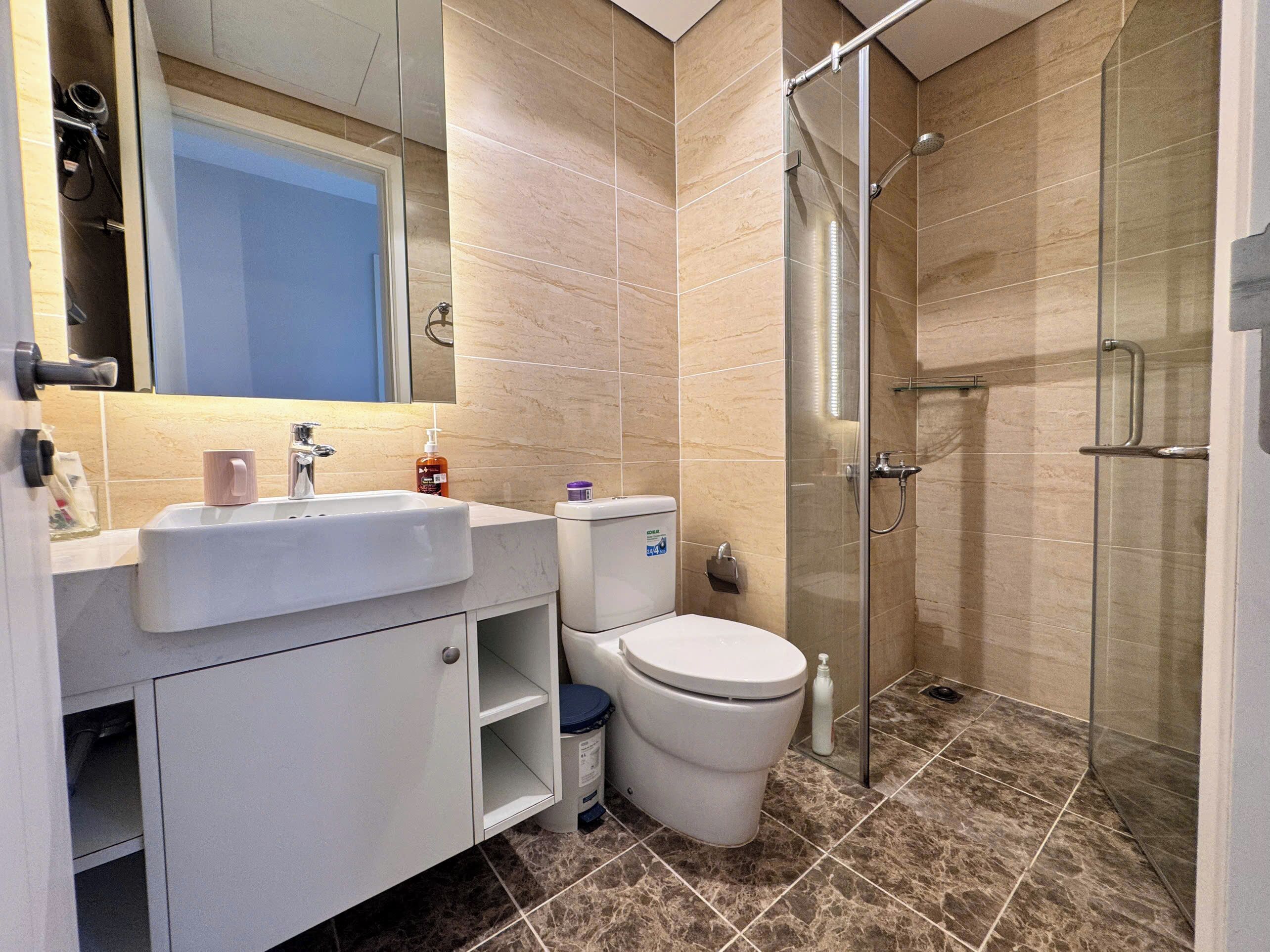 Ein modernes Badezimmer mit einer Duschkabine, einem weißen Waschbecken und einer Toilette.