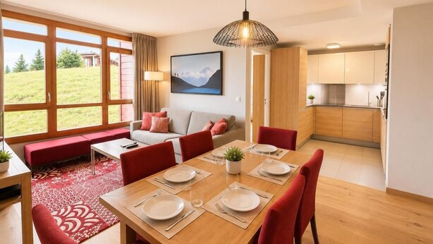 A modern living room with a dining area, large windows, and a view of the outdoors. - 10m from ski slopes, 6th floor, fitness, swimming pool, sauna, hammam, balcony, tv, ski locker, 70m² (Bourg-Saint-Maurice)