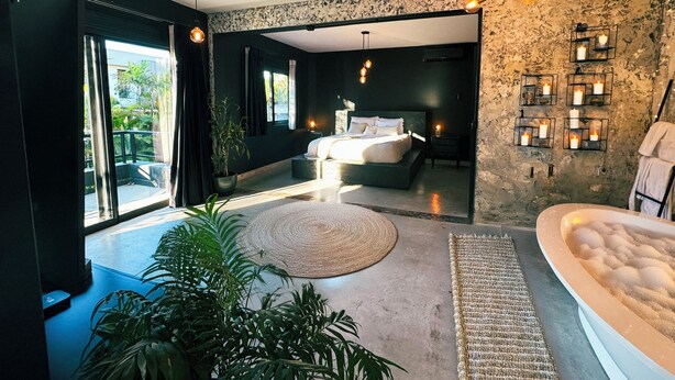 A modern bedroom with a large bed, a bathtub, and a balcony with plants. - Artistic Dream Mansion in Jurere International, Brazil (Florianópolis)