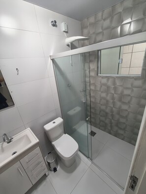 Hair dryer, towels, soap, toilet paper
