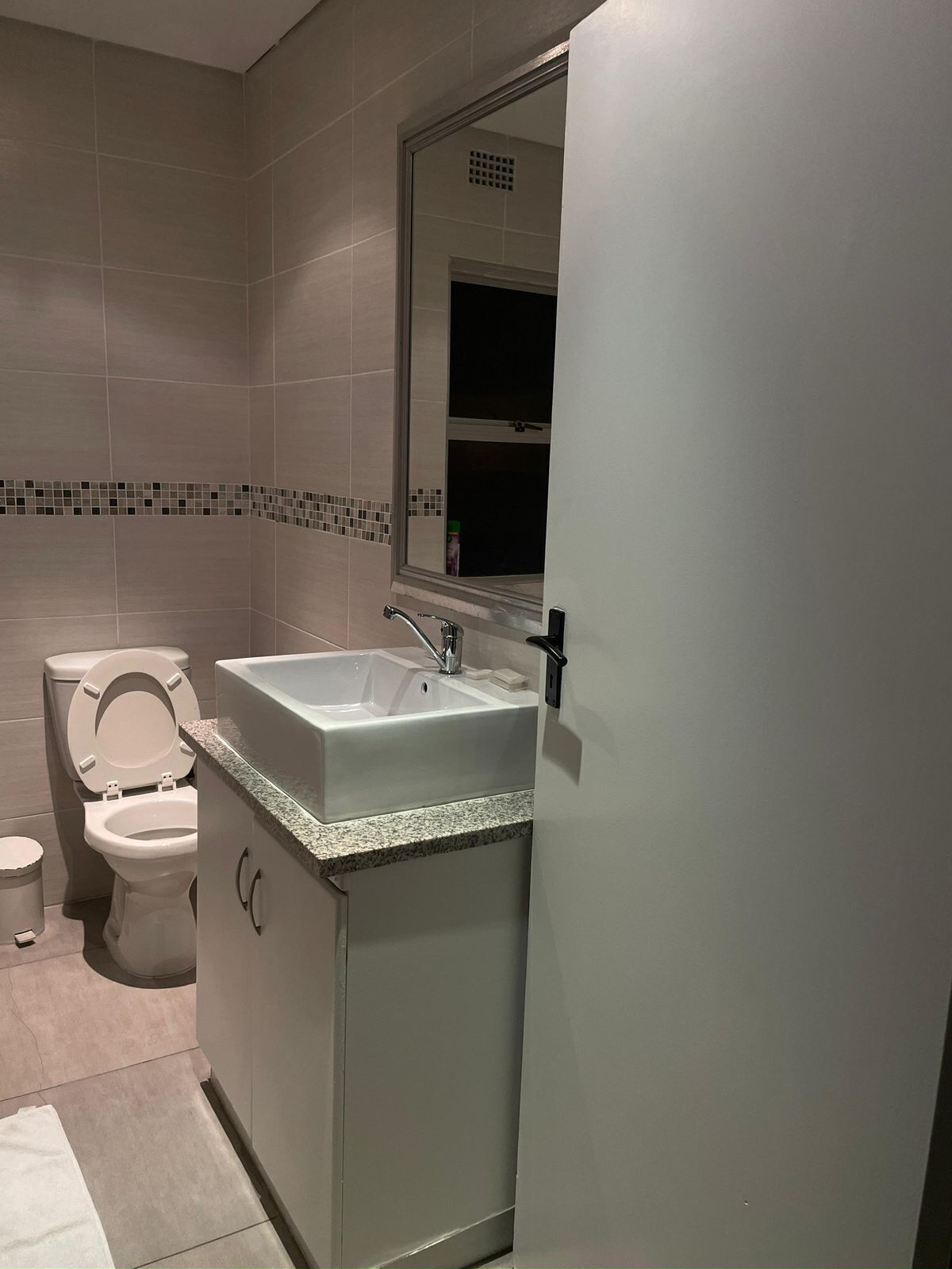 A bathroom with a toilet, sink, and mirror.