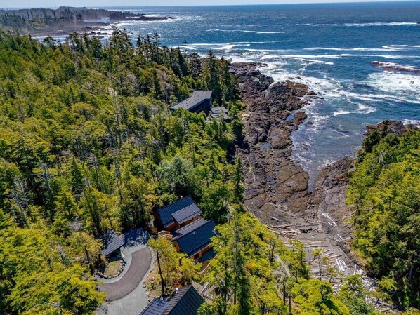 A coastal property with a winding driveway, a small building with a dark roof, and a rocky shoreline. - Fogged Inn Cabin (Ucluelet)