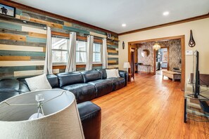 TV, fireplace, books