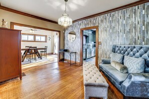 TV, fireplace, books