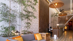 A modern interior with a sofa, wooden bench, and potted plants. - w* | Inviting Loft in the Heart of Bocagrande (Cartagena de Indias)