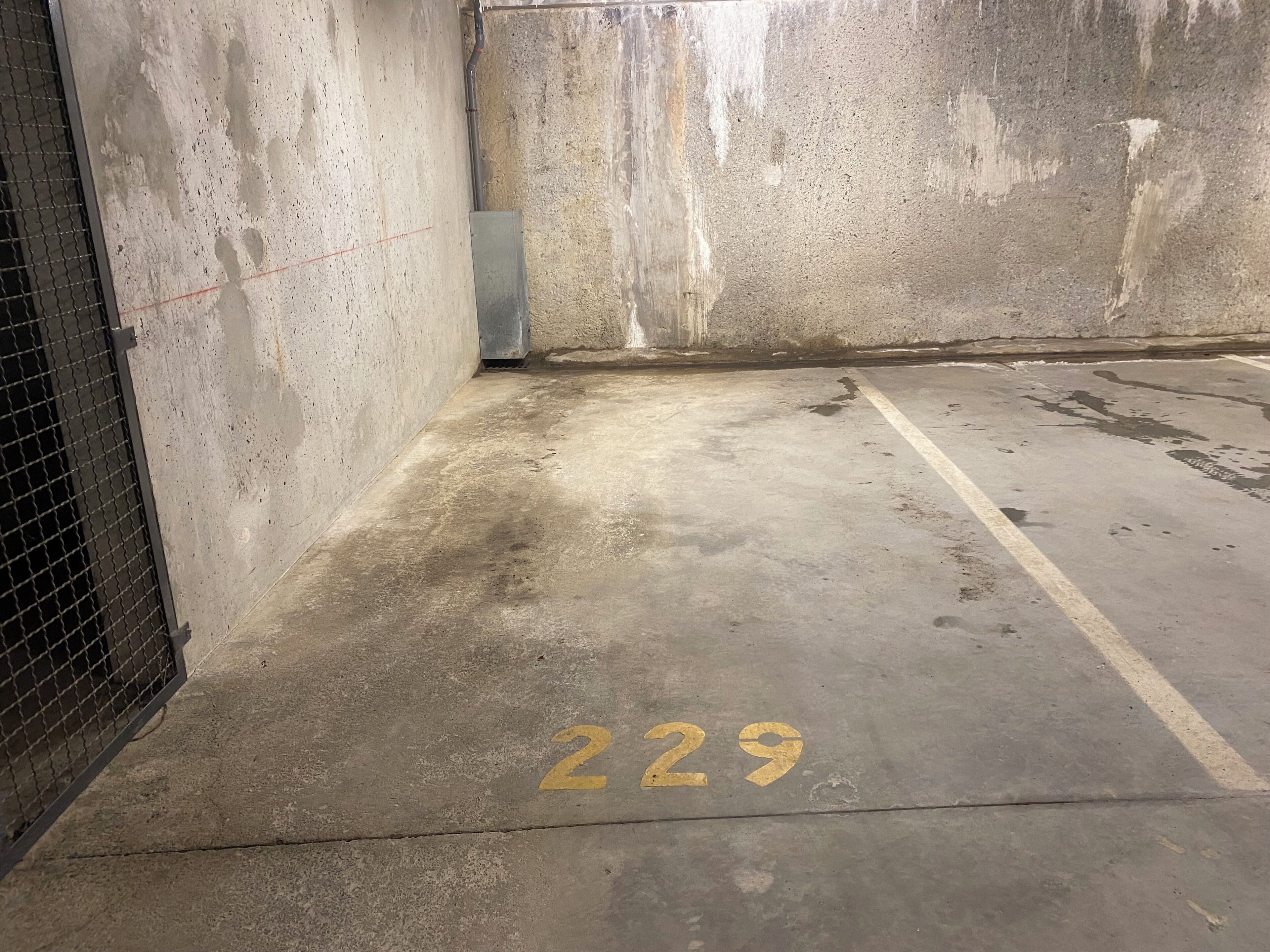 A parking garage with concrete walls and a floor marked with the number 229.
