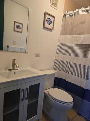 Secadora de cabello, toallas, jabón, papel de baño 