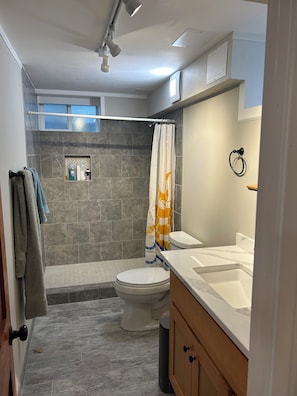 Regadera, toallas, jabón, papel de baño