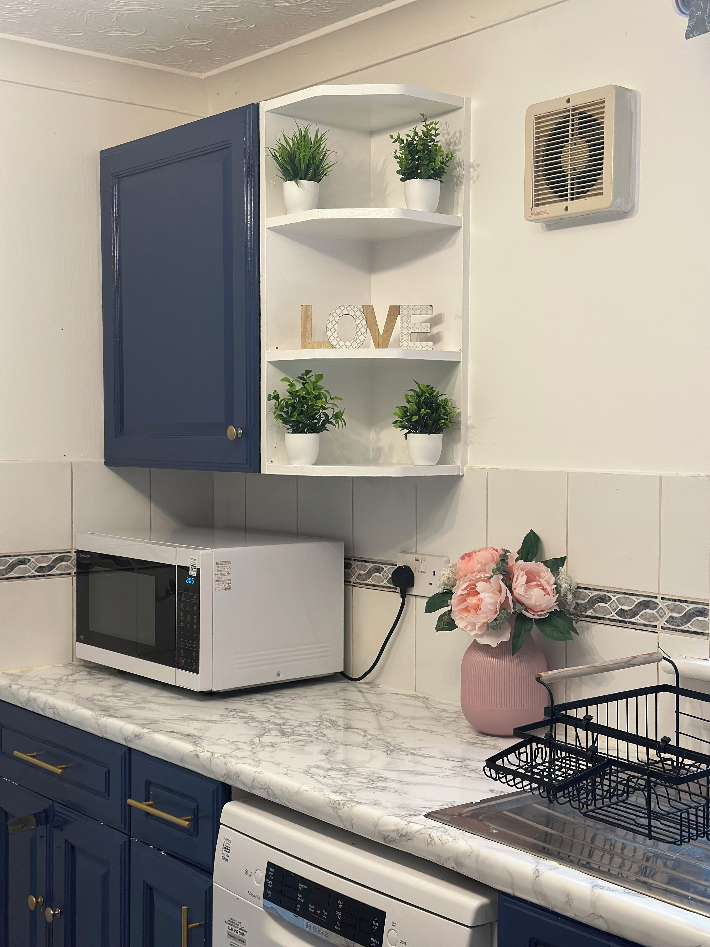 A kitchen with a white microwave, a dish rack, and a cabinet with plants.