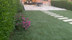 Um espaço ao ar livre bem cuidado, com um pátio, assentos e um arbusto.