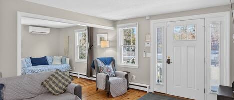 TV, fireplace, books