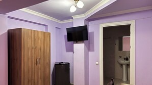 Une pièce comprenant une armoire en bois, un haut-parleur noir, un téléviseur fixé au mur, et une salle de bain avec un lavabo et un miroir.