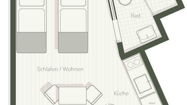 A floor plan with two bedrooms, a bathroom, a kitchen, and a living area. - Modern studio in the city center / AC (Bad Aibling)