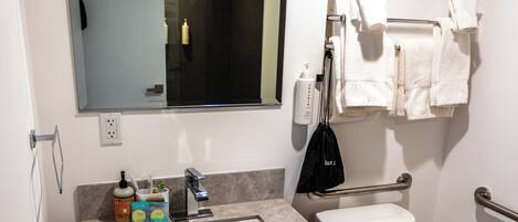 A modern bathroom with a sink, mirror, toilet, and handrails.