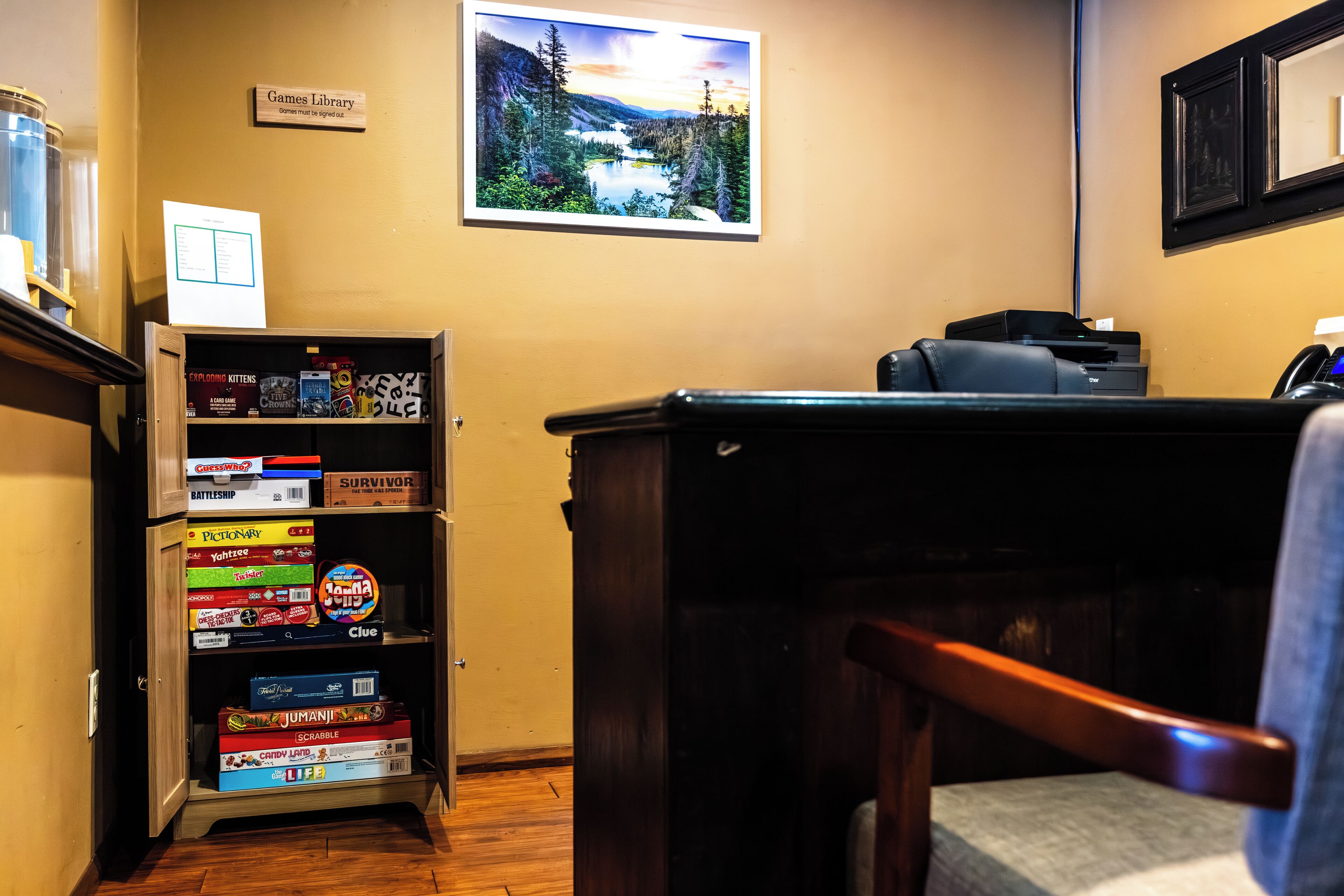A library with a sign reading "Games Library" and a scenic landscape painting on the wall.