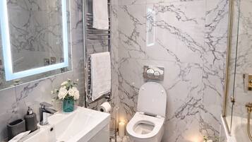 Hair dryer, towels, soap, toilet paper