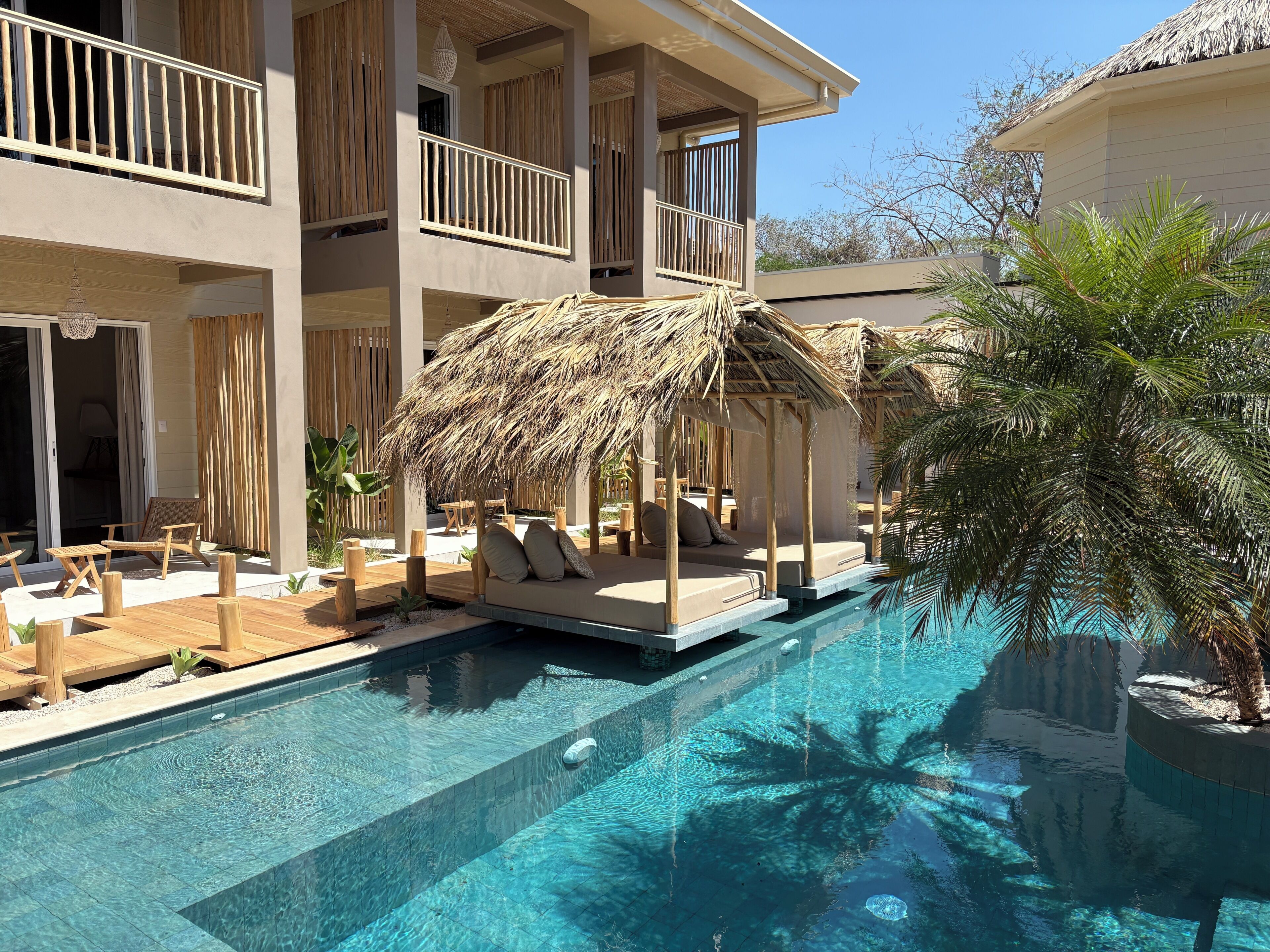 室外游泳池，提供日光浴躺椅