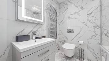 Hair dryer, towels, soap, toilet paper