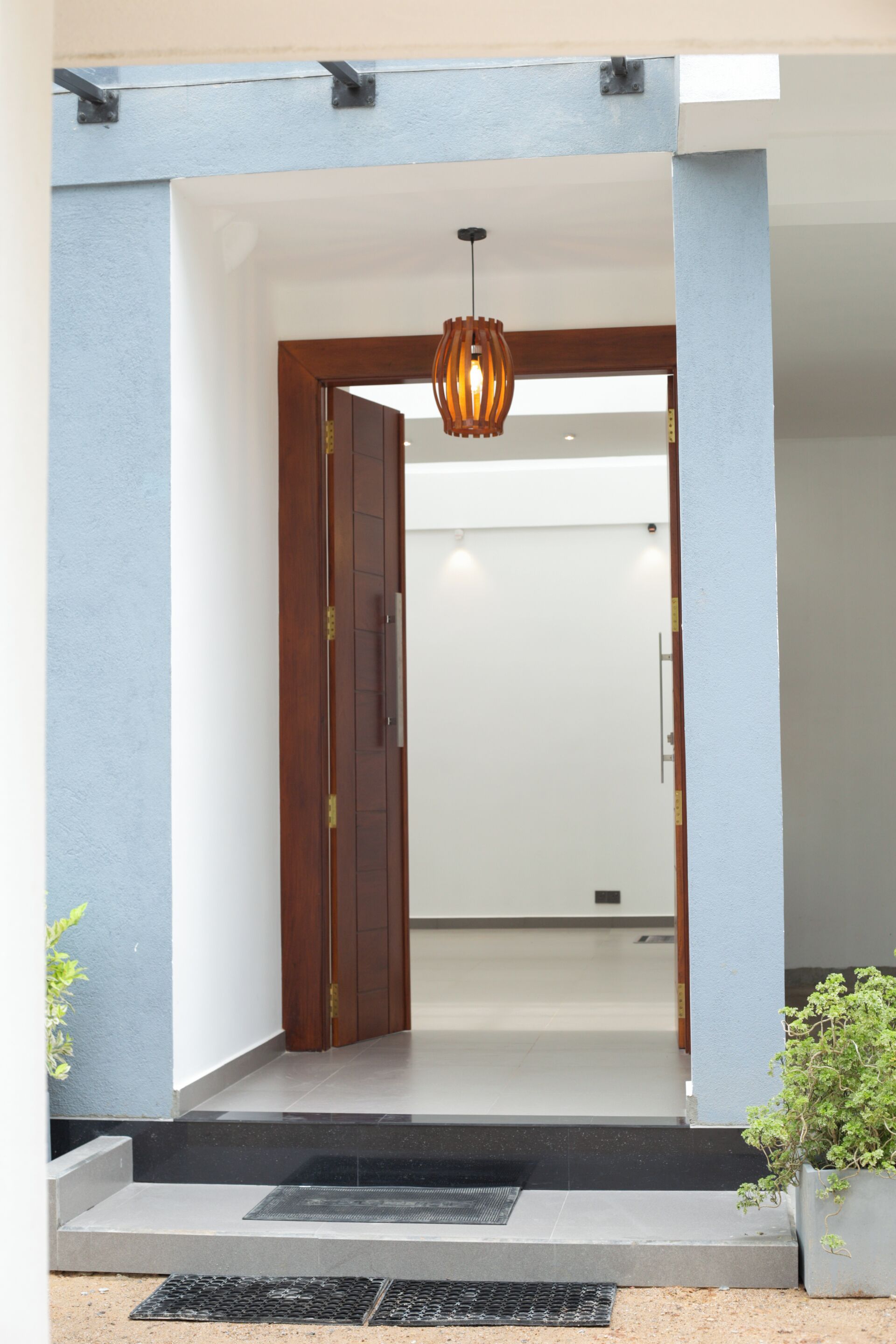 Una entrada moderna con una puerta de madera, un portón de metal y una planta en maceta.