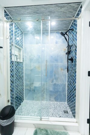 Hair dryer, towels, soap, toilet paper