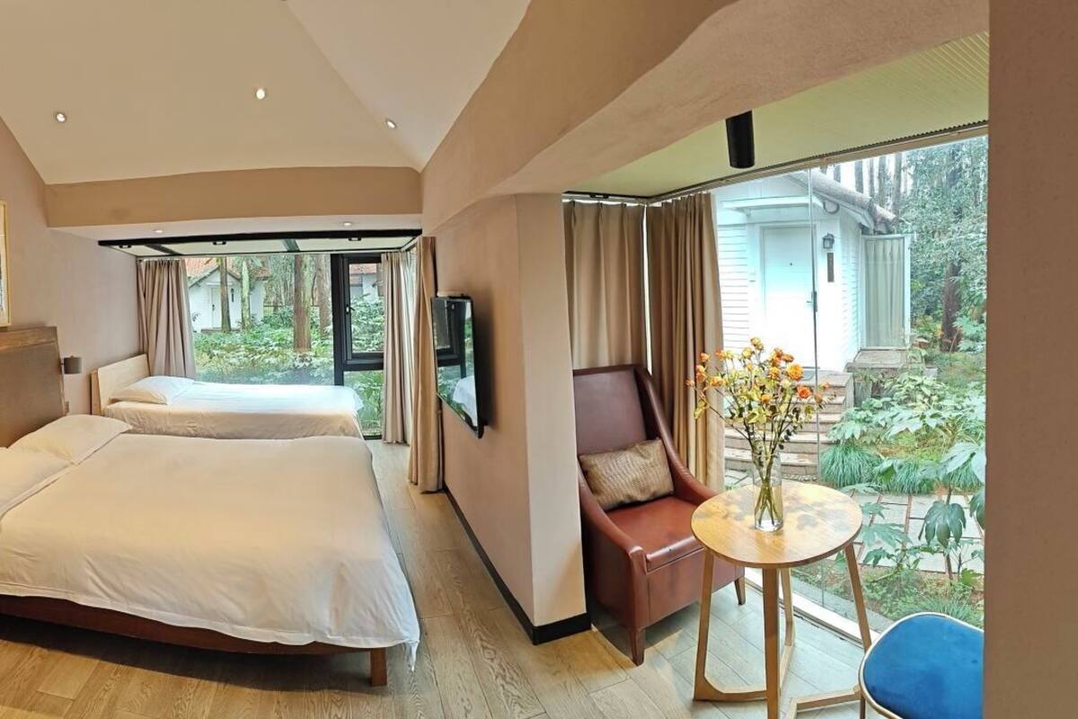 Habitación de hotel con dos camas, un televisor, una mesita con un florero y vista a un jardín.