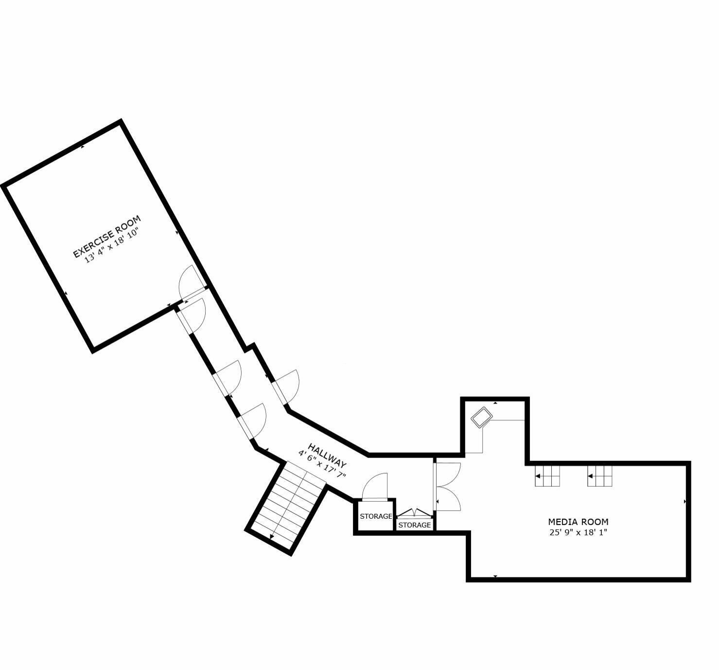 Ein Grundriss mit Fitnessraum, Flur, Abstellraum und Medienraum.